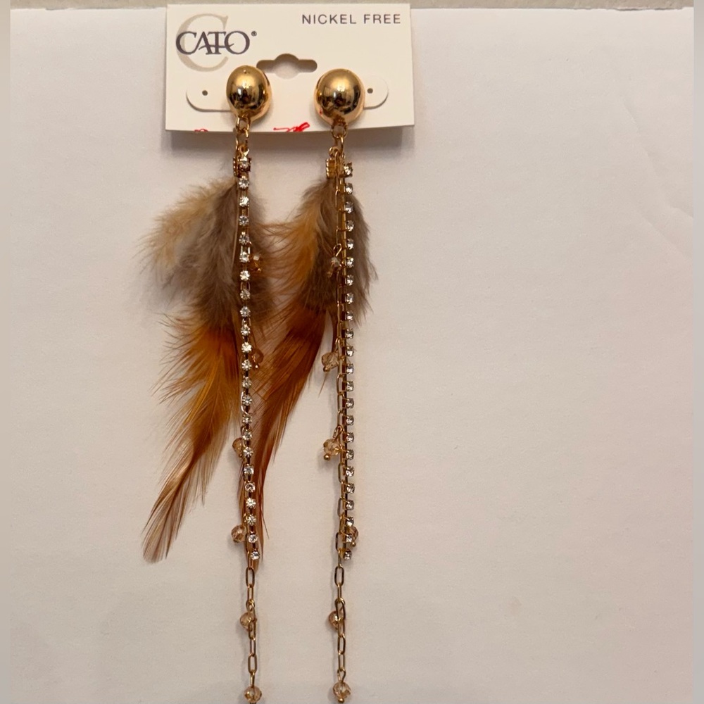 Cato Gold and Brown Feather Chain BOHO Earrings
